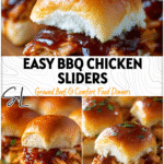 BBQ chicken sliders on Hawaiian rolls topped with sauce and melted cheese on a wooden board